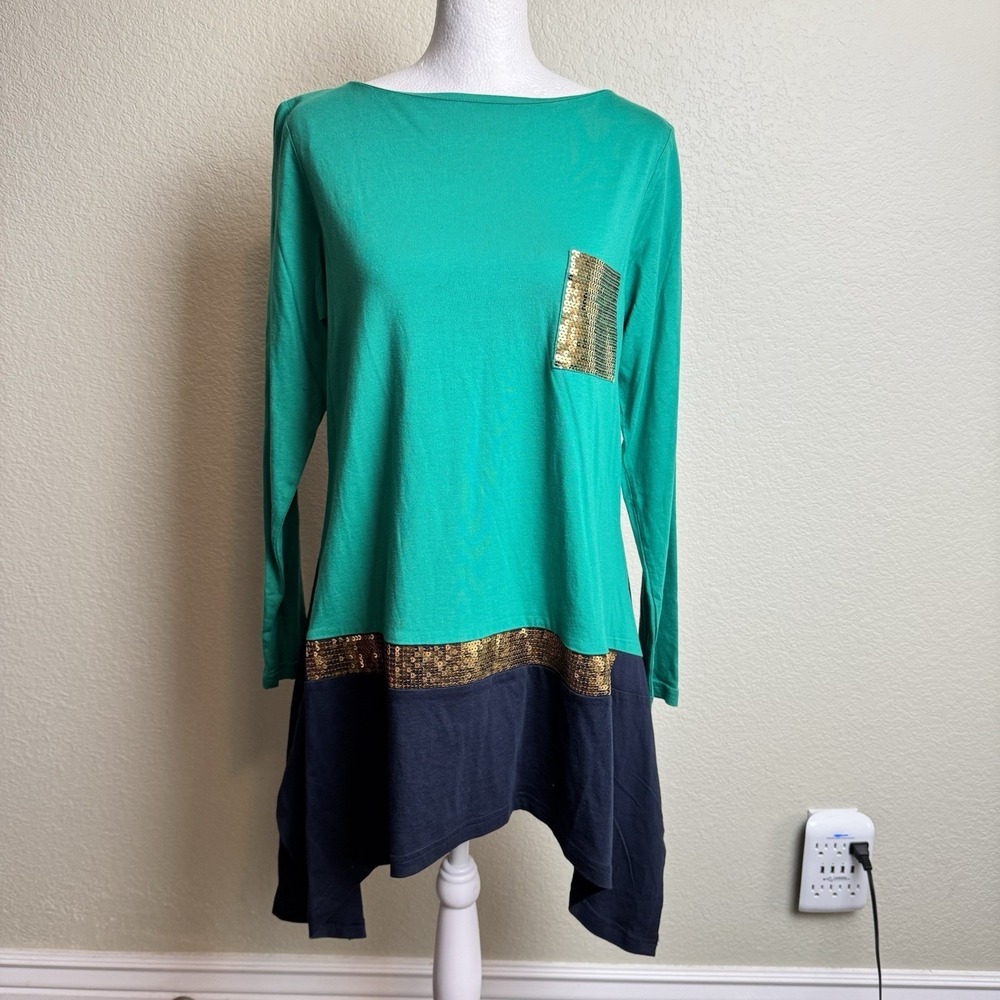 DG2 Diane Gilman Sequin Colorblock Asymmetric Hem Tunic Top‎ S Green Navy Boho